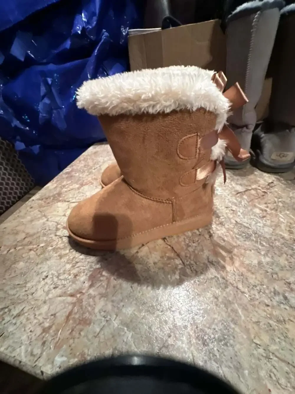 Tan Suede Faux-Fur Lined Winter Boots with Back Ribbon Detail